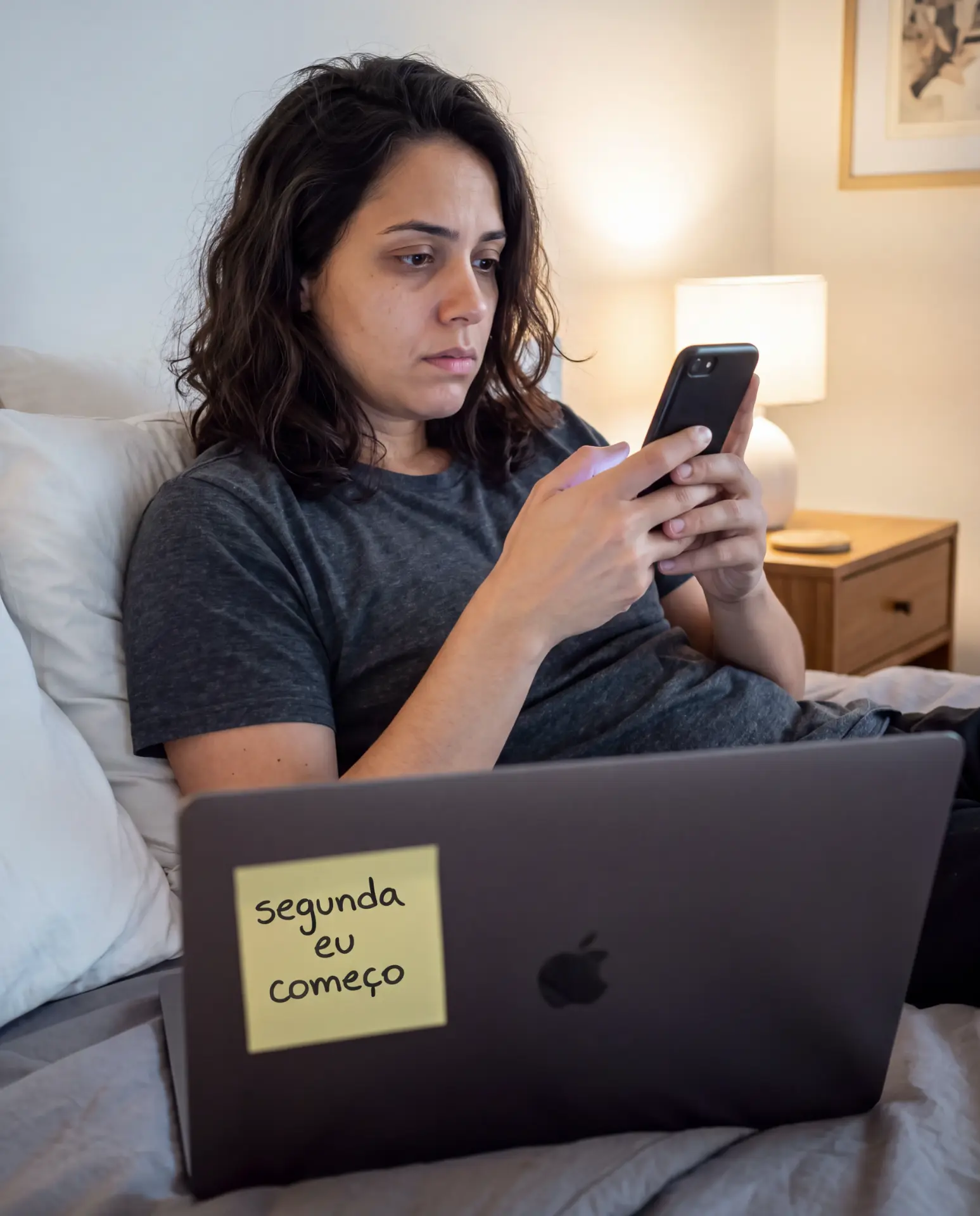 Mulher na cama olhando o celular, ao lado do notebook com o post-it 'segunda eu começo'