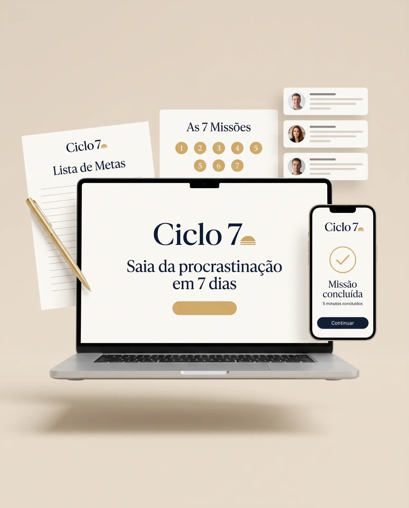 Notebook e celular mostrando a plataforma do Ciclo 7, com a lista de metas impressa, o placar das 7 missões e depoimentos